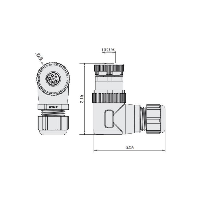 M12 5Pin, L-coded, female 90°, screw connection, 64L003