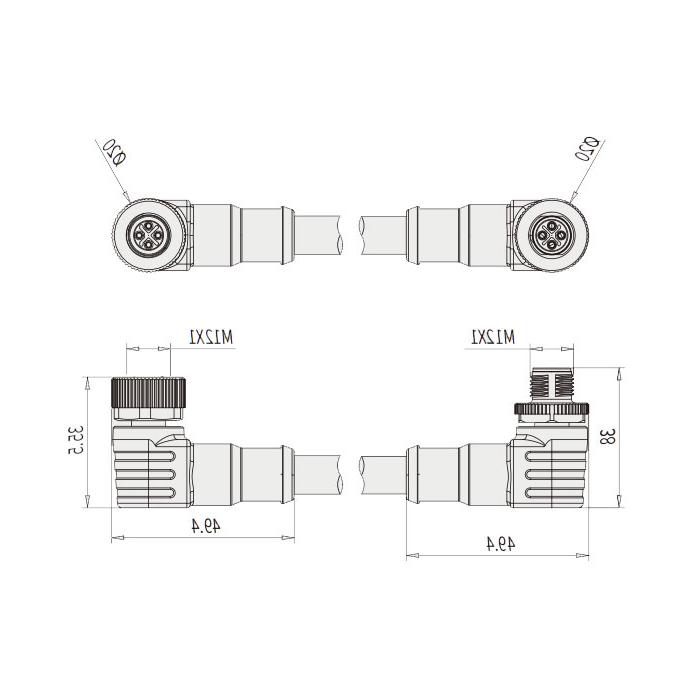 M12 4Pin S-coded, female 90° to male 90°, double-ended pre-cast PVC non-flexible cable, grey sheathing, 64SD61-XXX