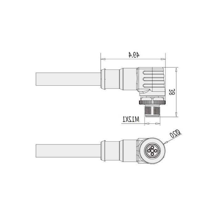 M12 4Pin T-coded, male 90°, single-end pre-cast PVC non-flexible cable, grey sheathing, 64TP61-XXX