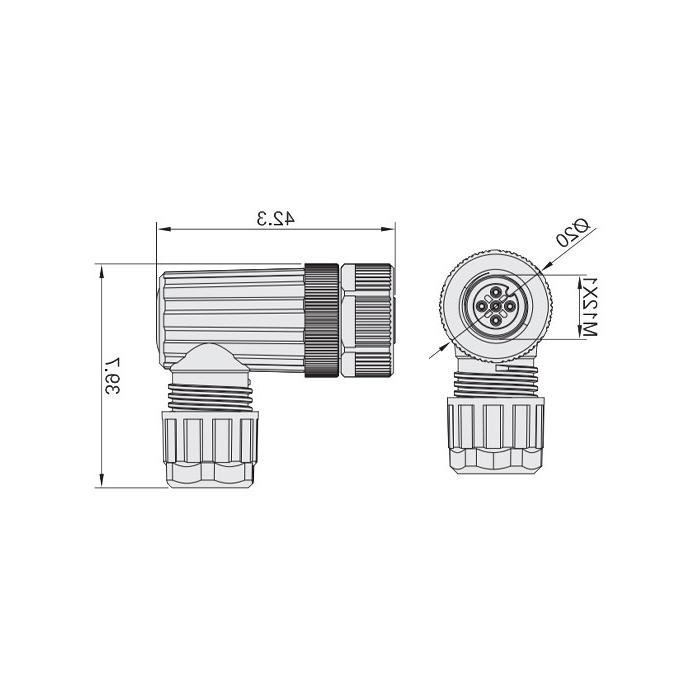 M12 4Pin, female 90°, food grade, screw connection, 64F069